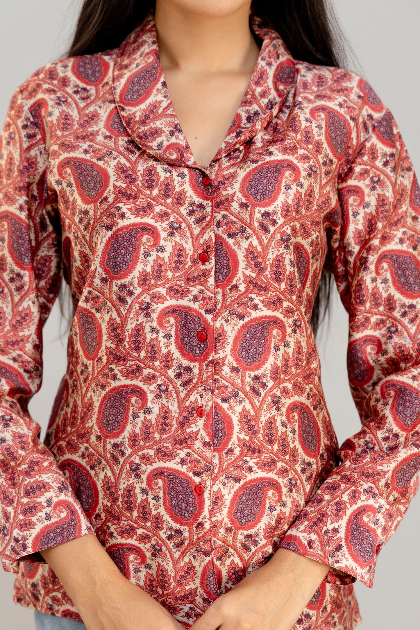 Brick Red Paisely Print Muslin Silk Shirt