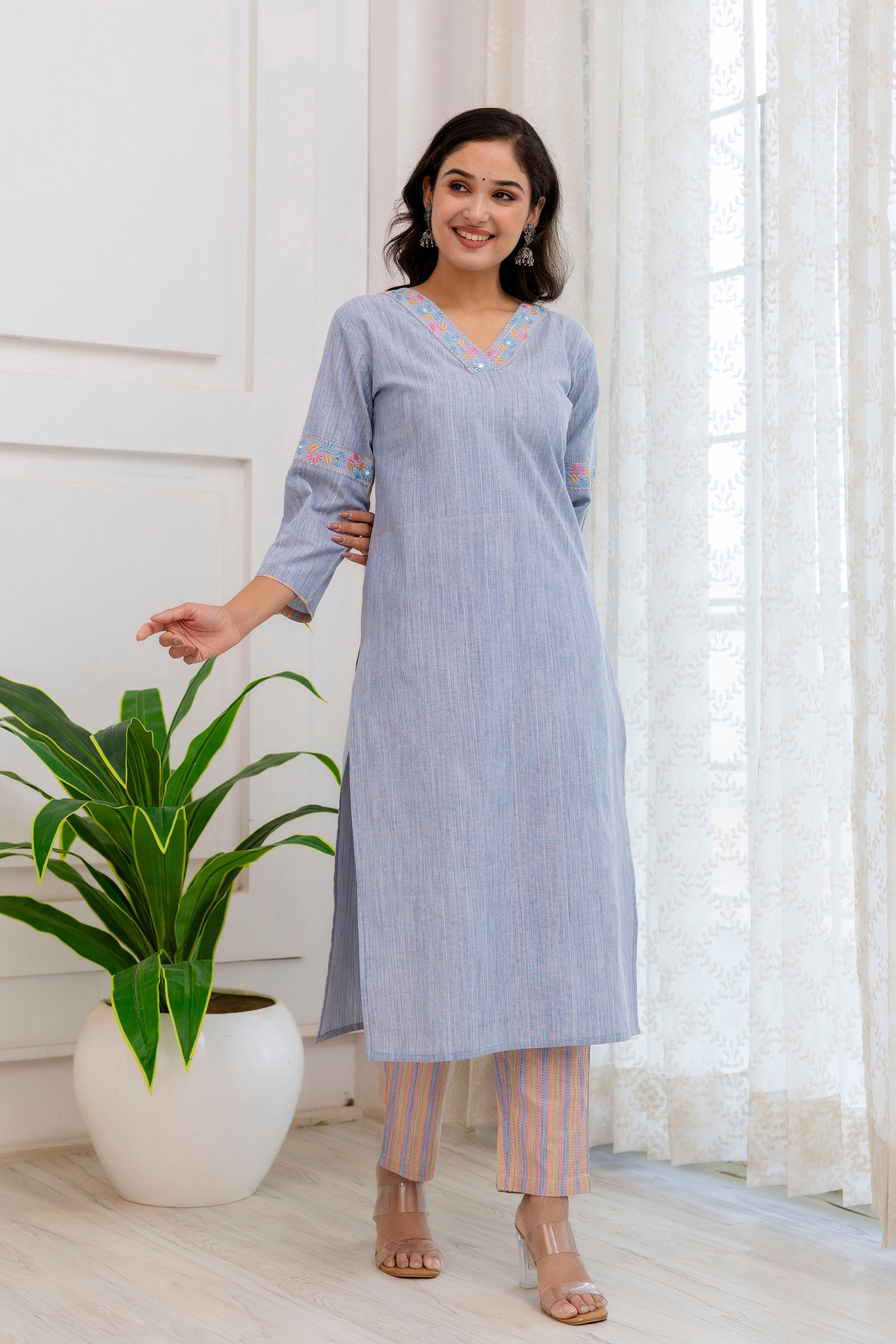 Cotton readymade short kurti blue with allover prints & mirror work without pant