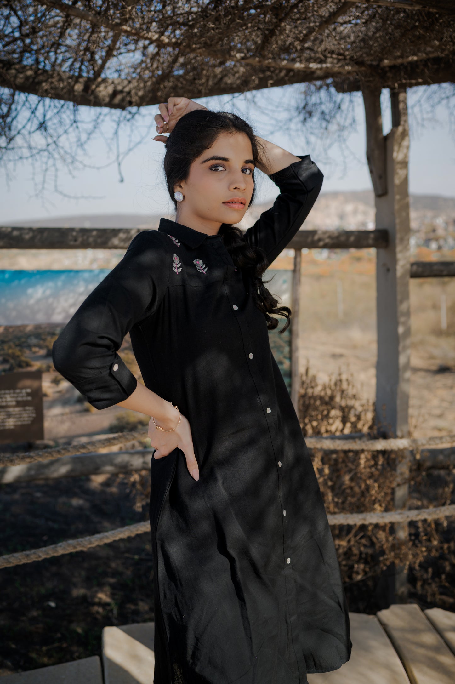 Black Button Down Embroidered Cotton Flex A - line kurta