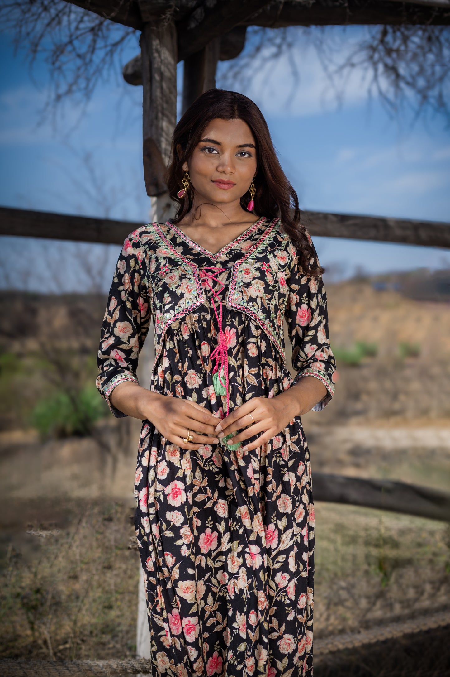 Long black gold printed dress with embroidery