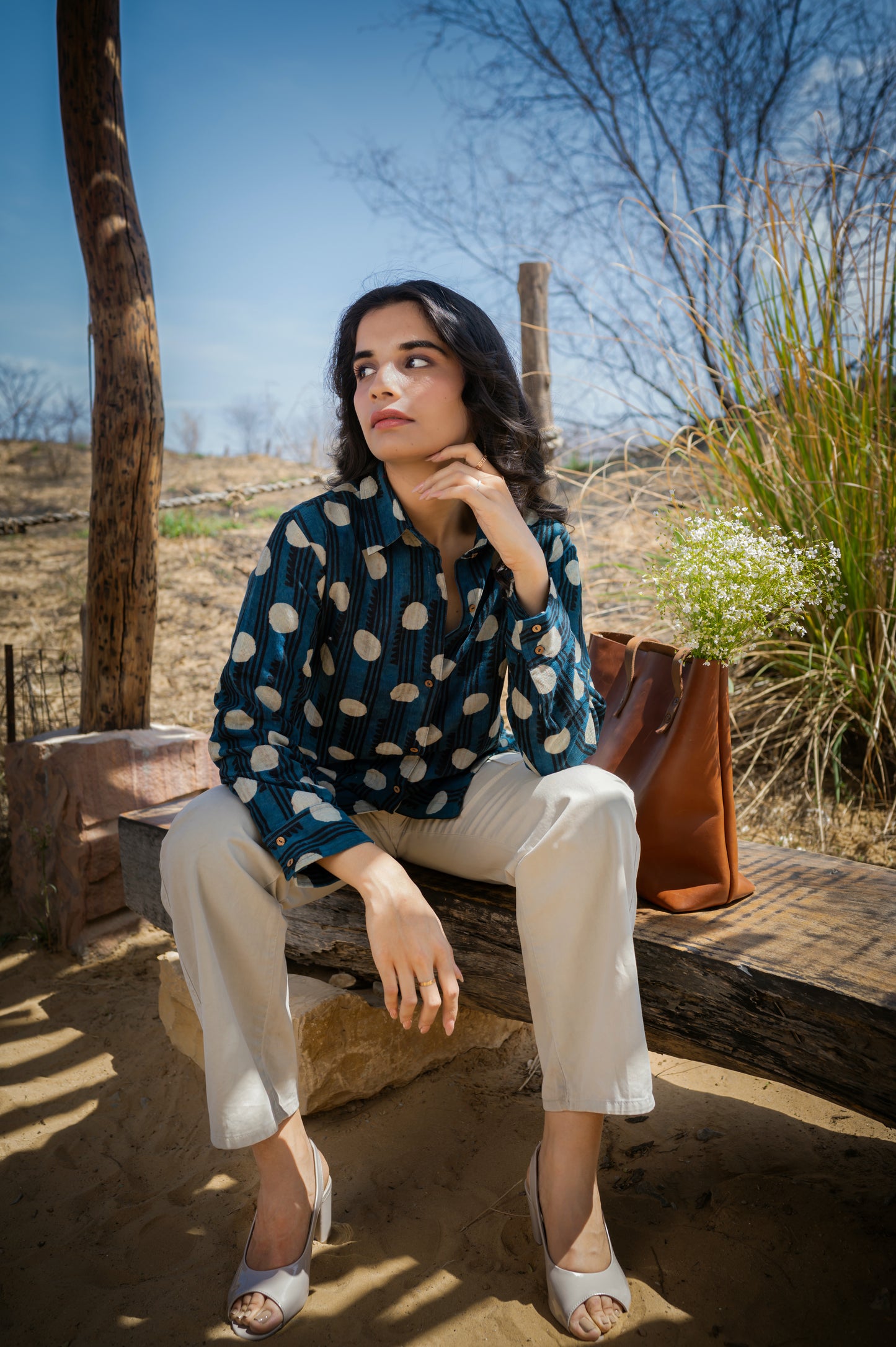 Indigo Blue Dabu Polka Dots Corduroy Shirt