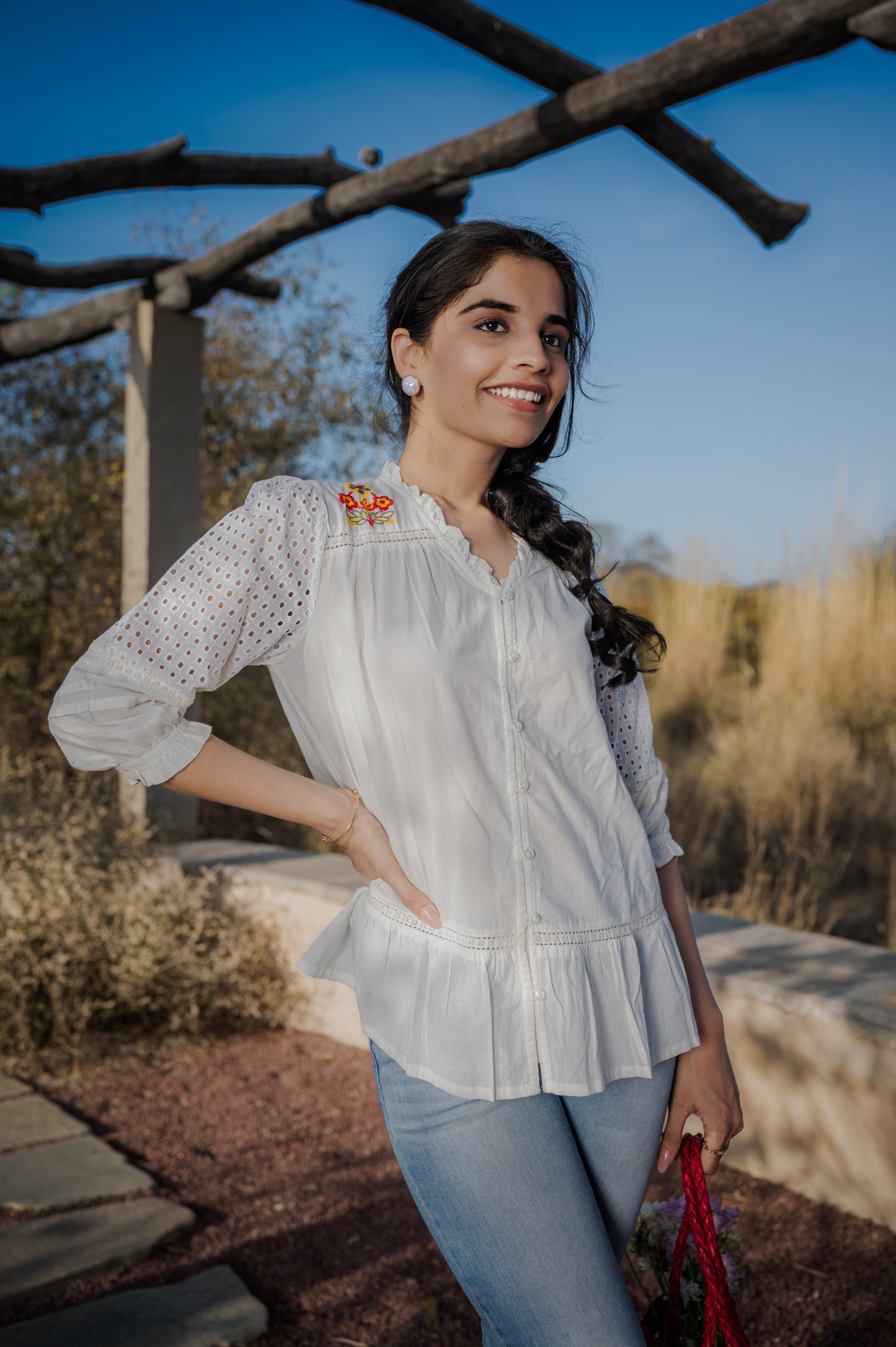 White Embroidered Schiffli Cotton Short Top
