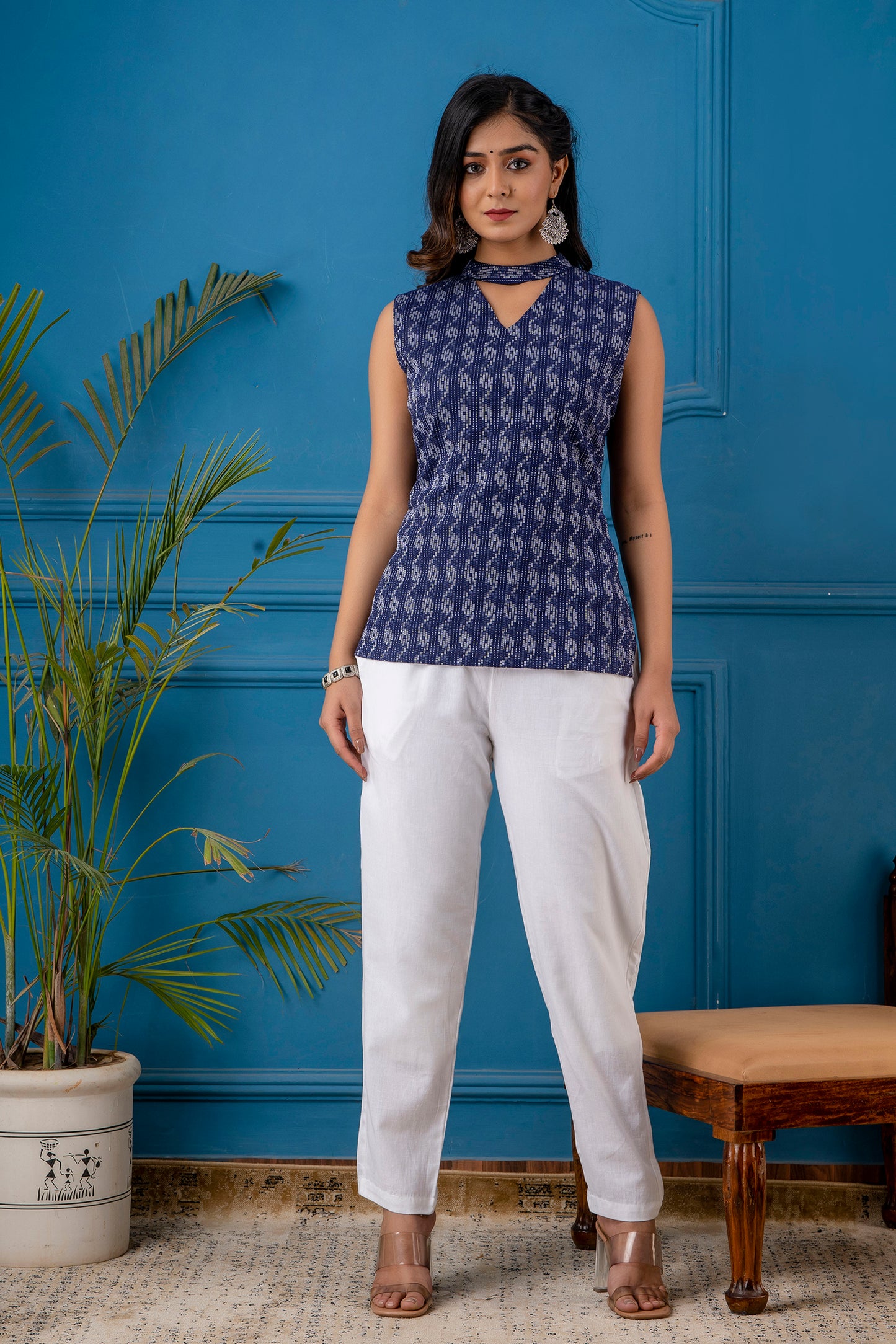 Off White Cotton Flex Straight Fit pant