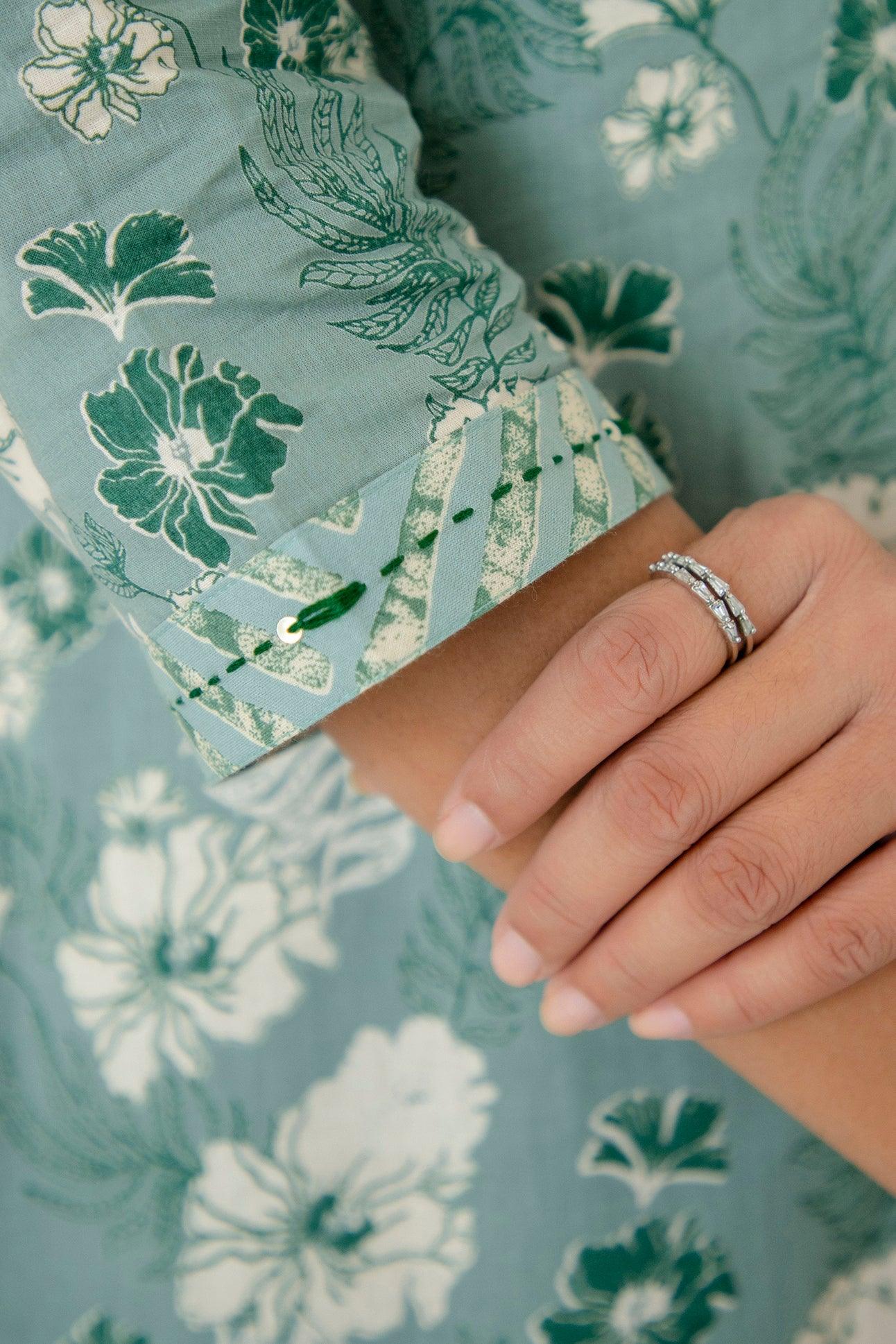 Dusty Green Printed Cotton Angarkha Kurta Pant Dupatta Set