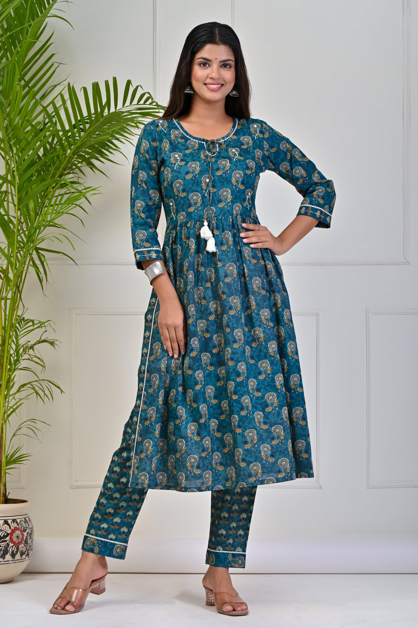 Nyra Cut Teal Blue High Slit Kurta Pant Set