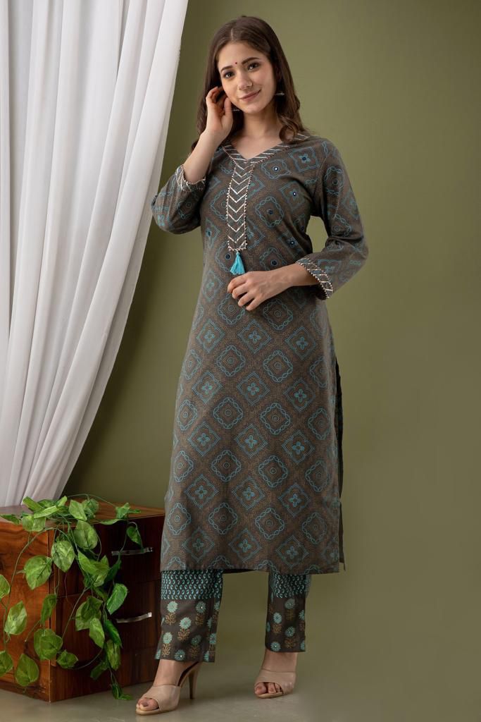 Grey & Turquoise Blue Cotton Slub Kurta pant set