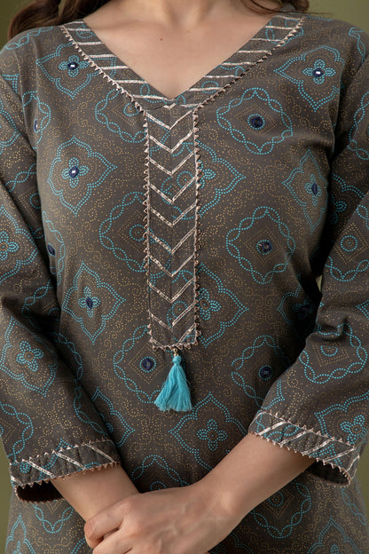 Grey & Turquoise Blue Cotton Slub Kurta pant set