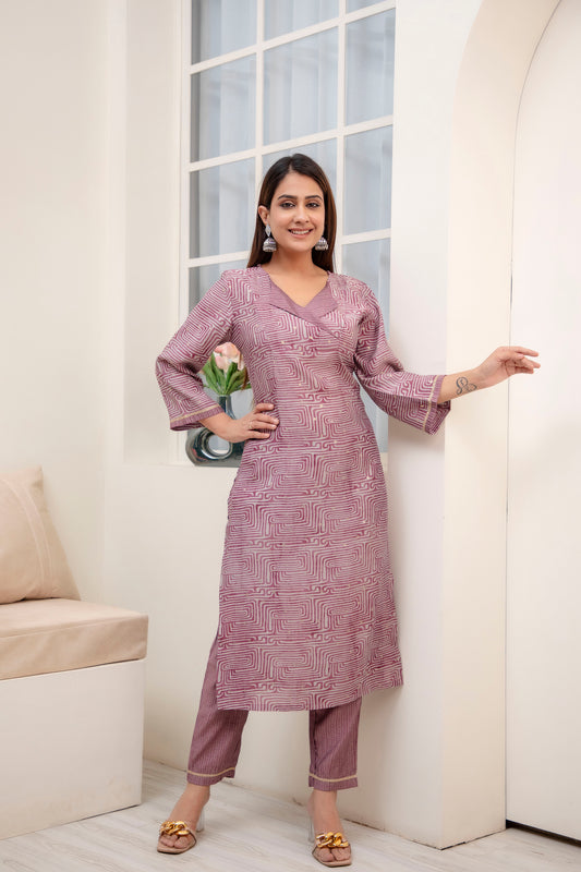 Wine Collar Yoke Foil Print Kurta Pant Set