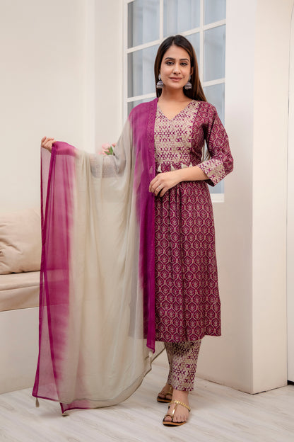 Wine Overlap Yoke Kurta pant Dupatta Set