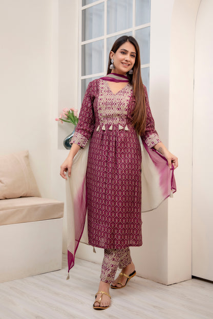 Wine Overlap Yoke Kurta pant Dupatta Set