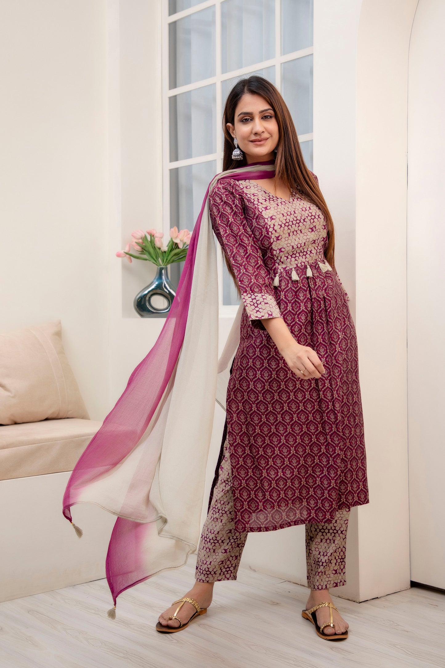 Wine Overlap Yoke Kurta pant Dupatta Set