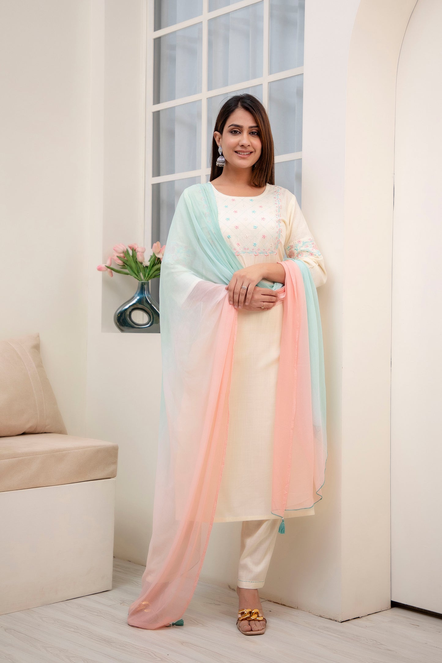 Rayon Cream embroidered straight kurta pant With dupatta