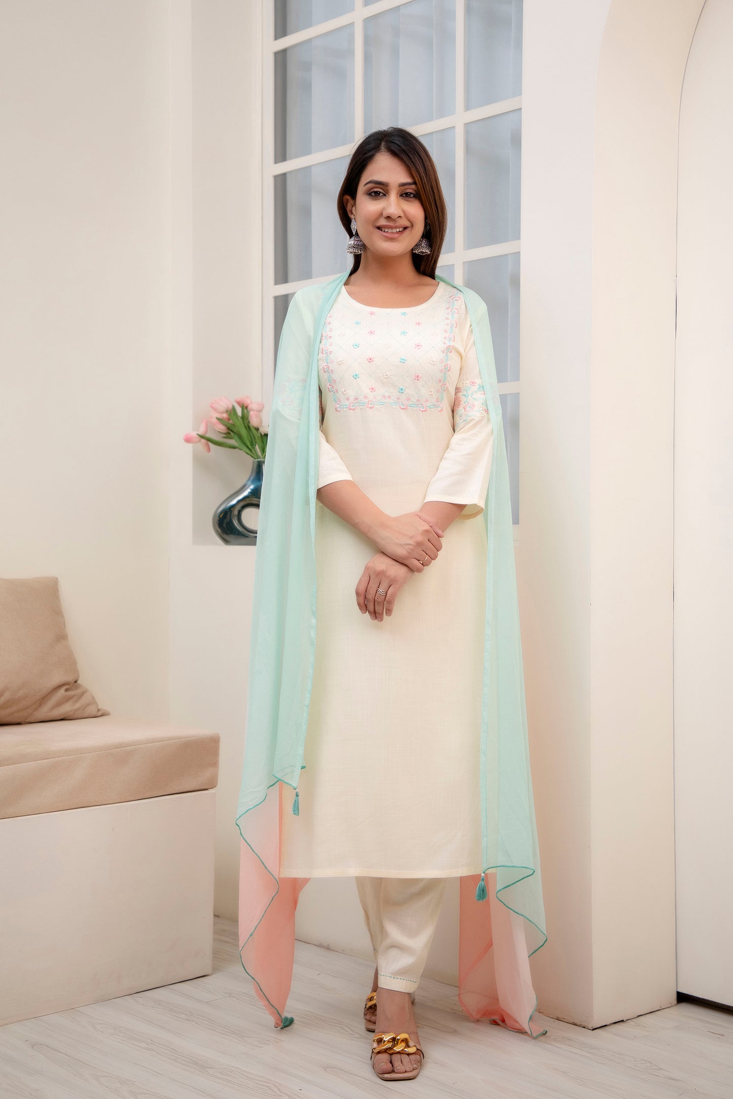 Rayon Cream embroidered straight kurta pant With dupatta