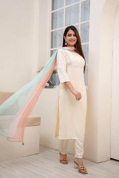 Rayon Cream embroidered straight kurta pant With dupatta