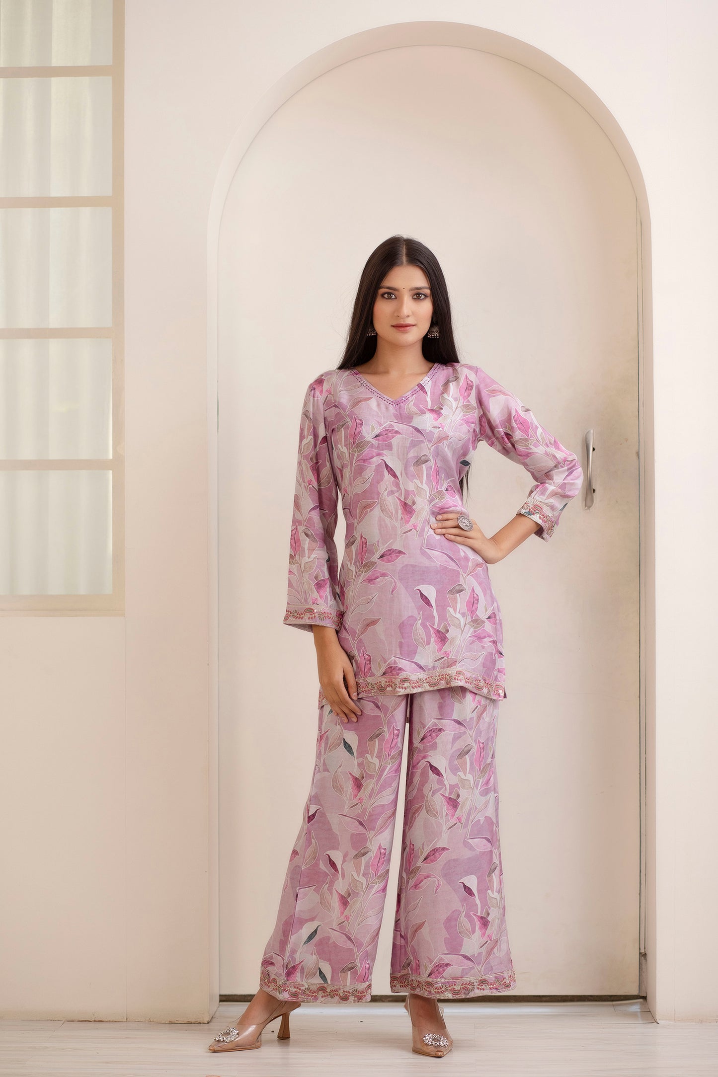 Lavender Printed Kurti Palazzo Co-ord Set