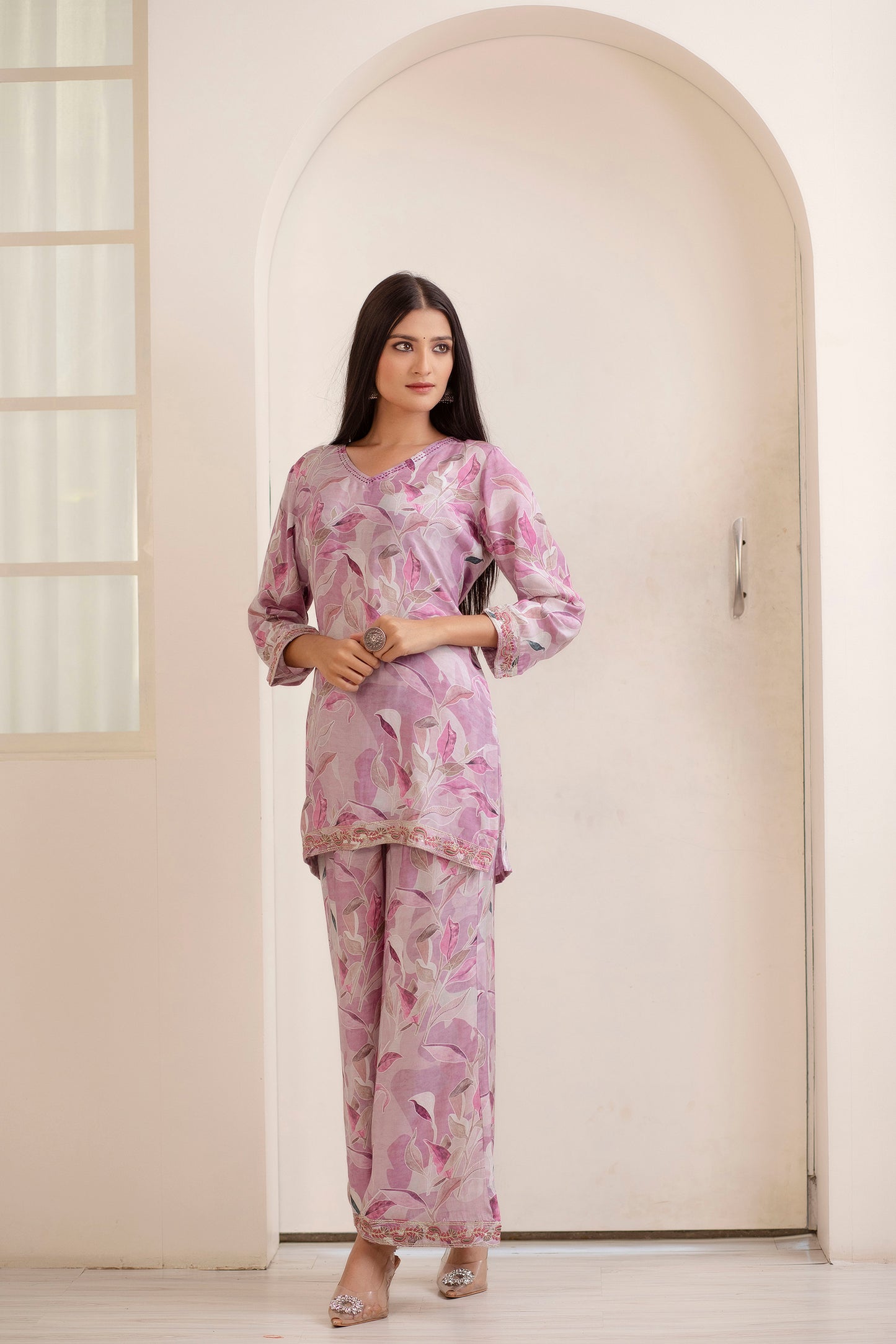 Lavender Printed Kurti Palazzo Co-ord Set