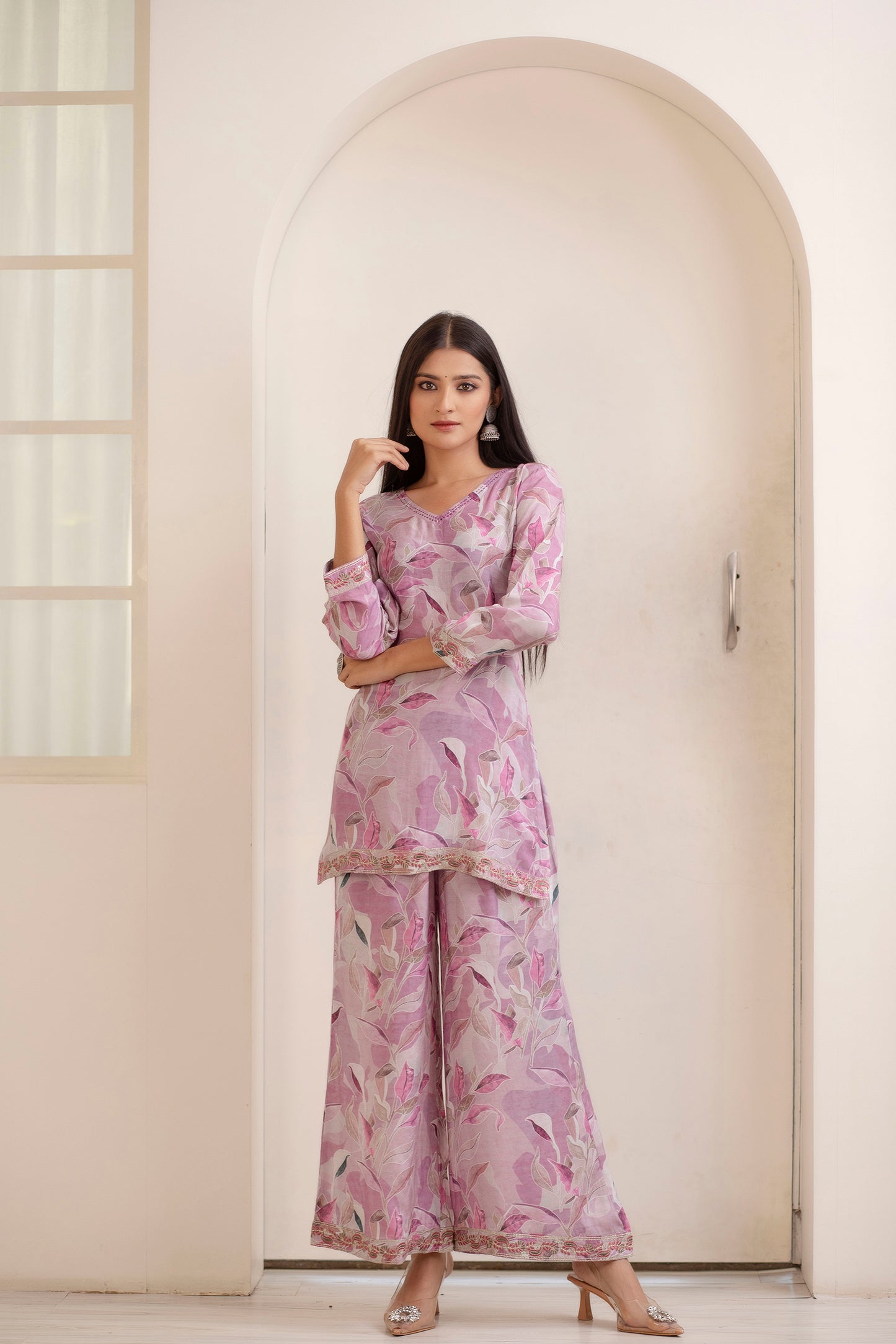 Lavender Printed Kurti Palazzo Co-ord Set