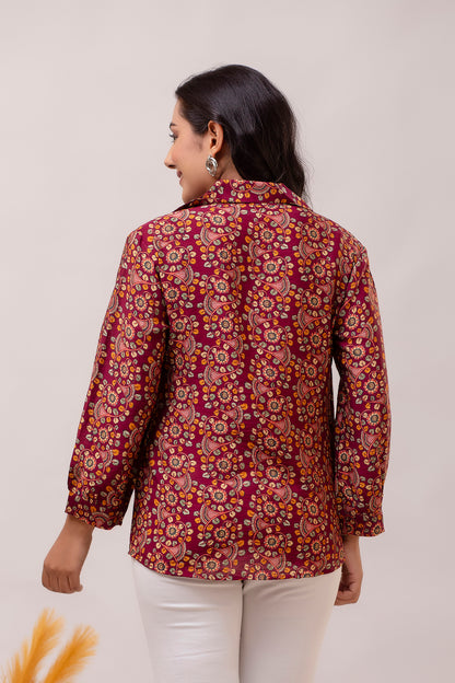 Floral Maroon Muslin Silk Shirt