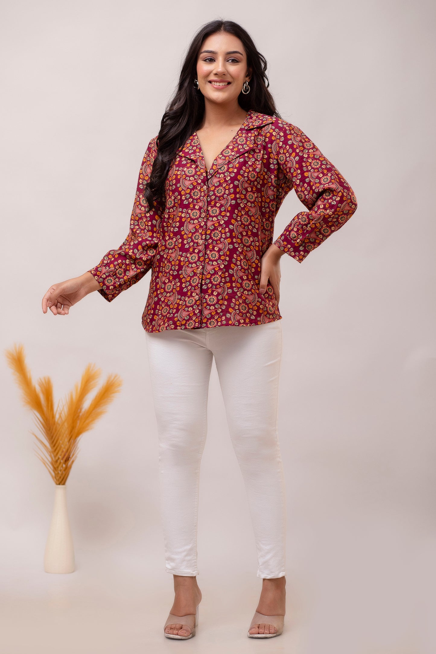 Floral Maroon Muslin Silk Shirt