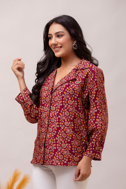 Floral Maroon Muslin Silk Shirt