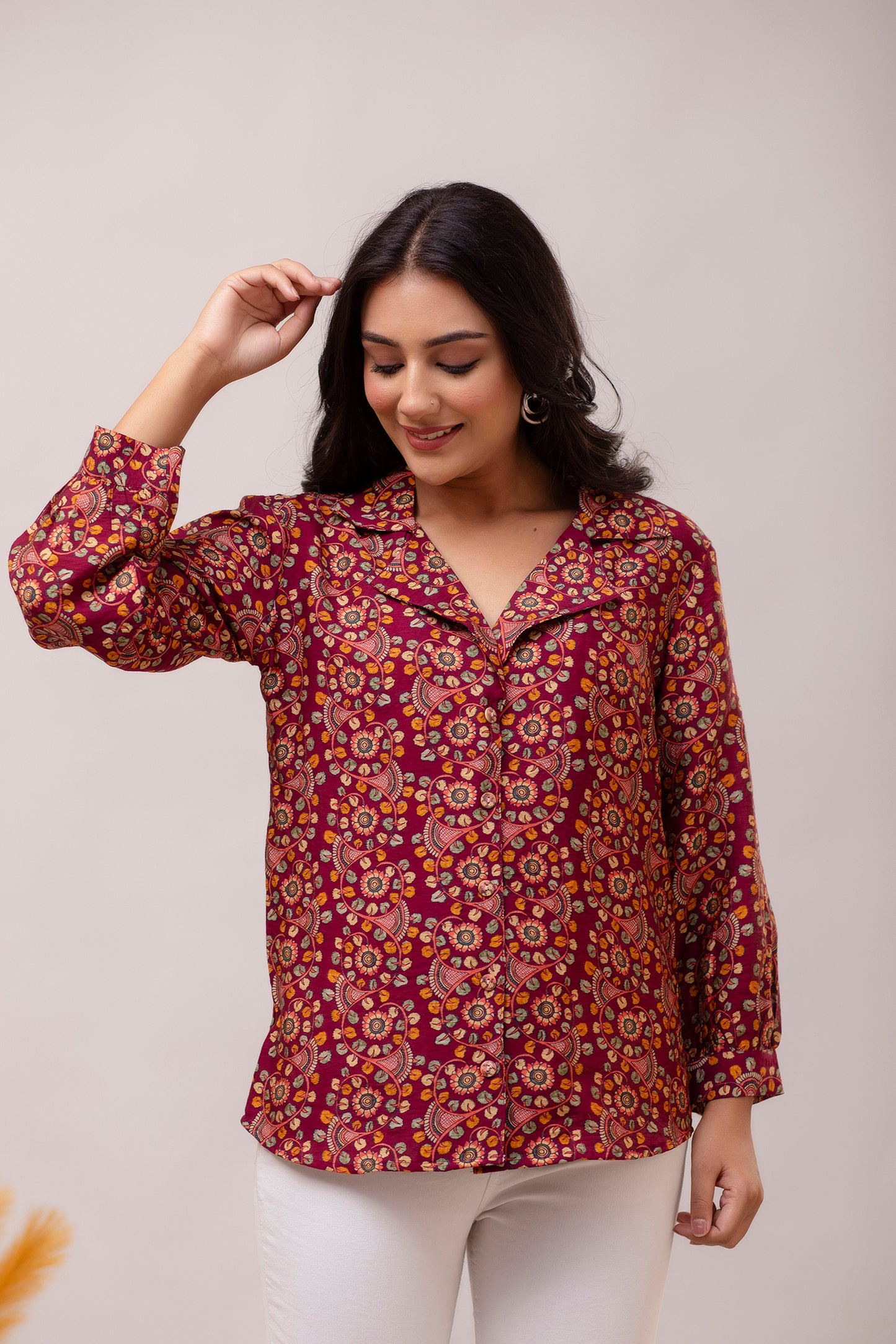 Floral Maroon Muslin Silk Shirt