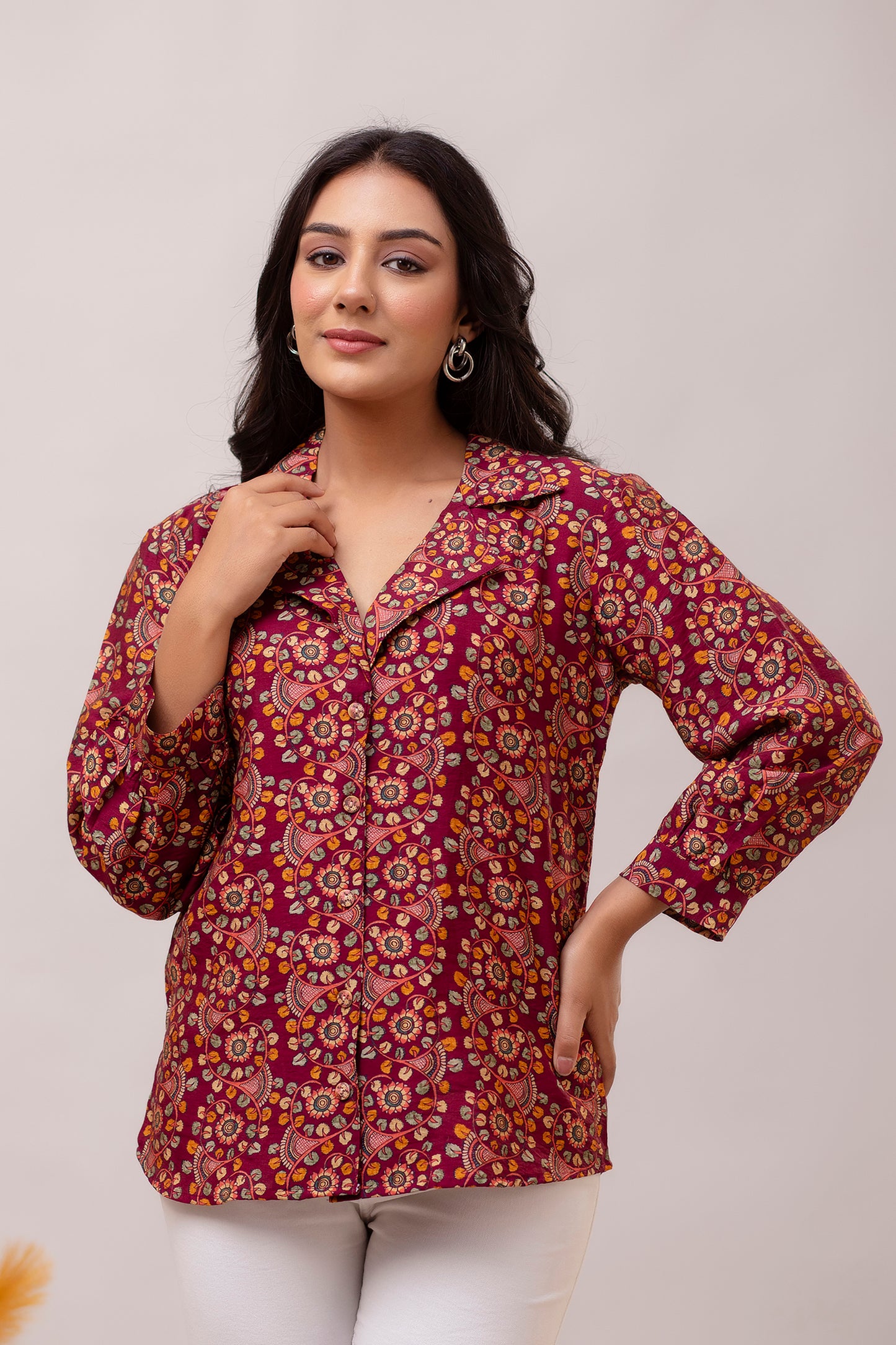 Floral Maroon Muslin Silk Shirt