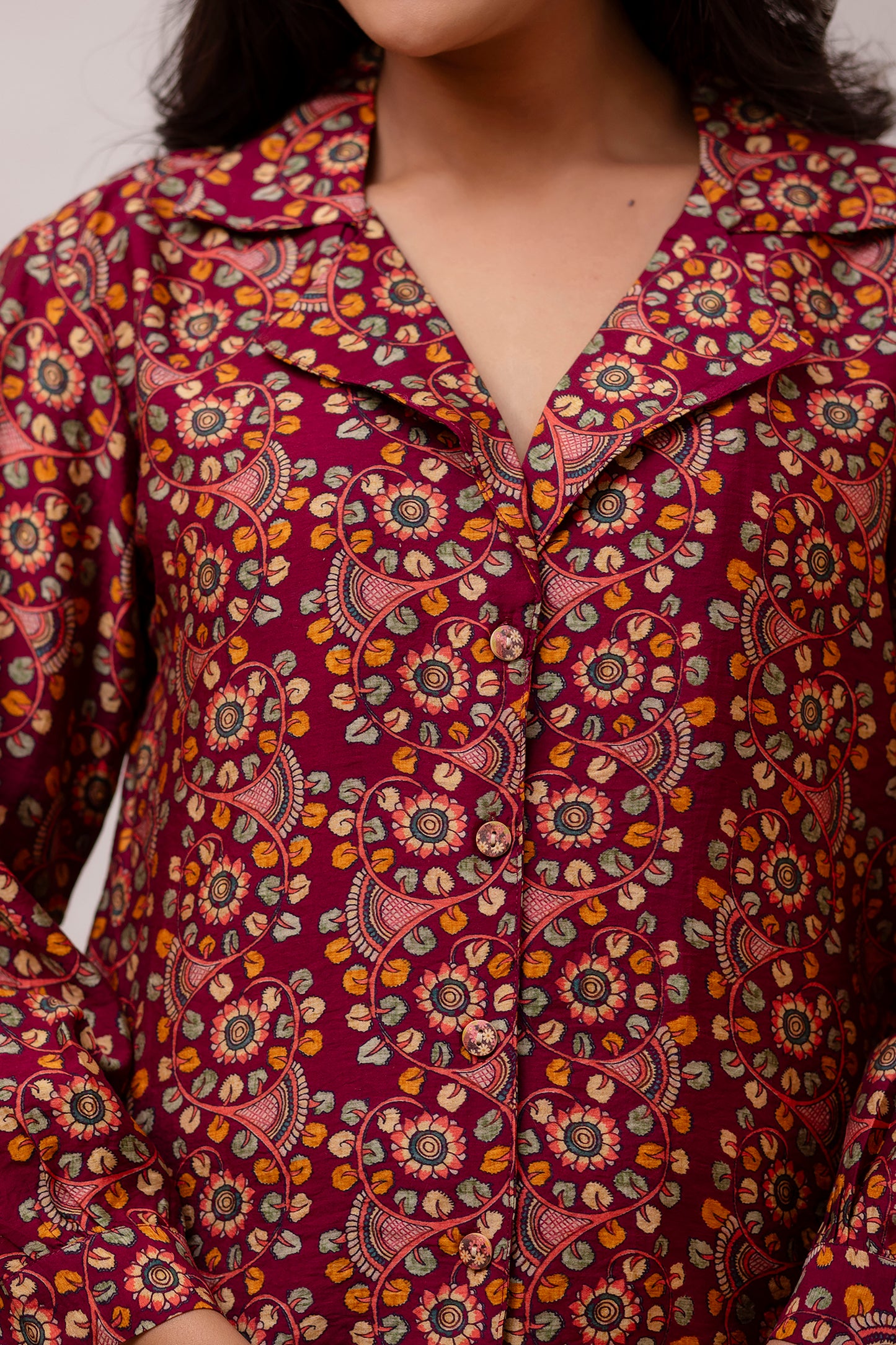 Floral Maroon Muslin Silk Shirt