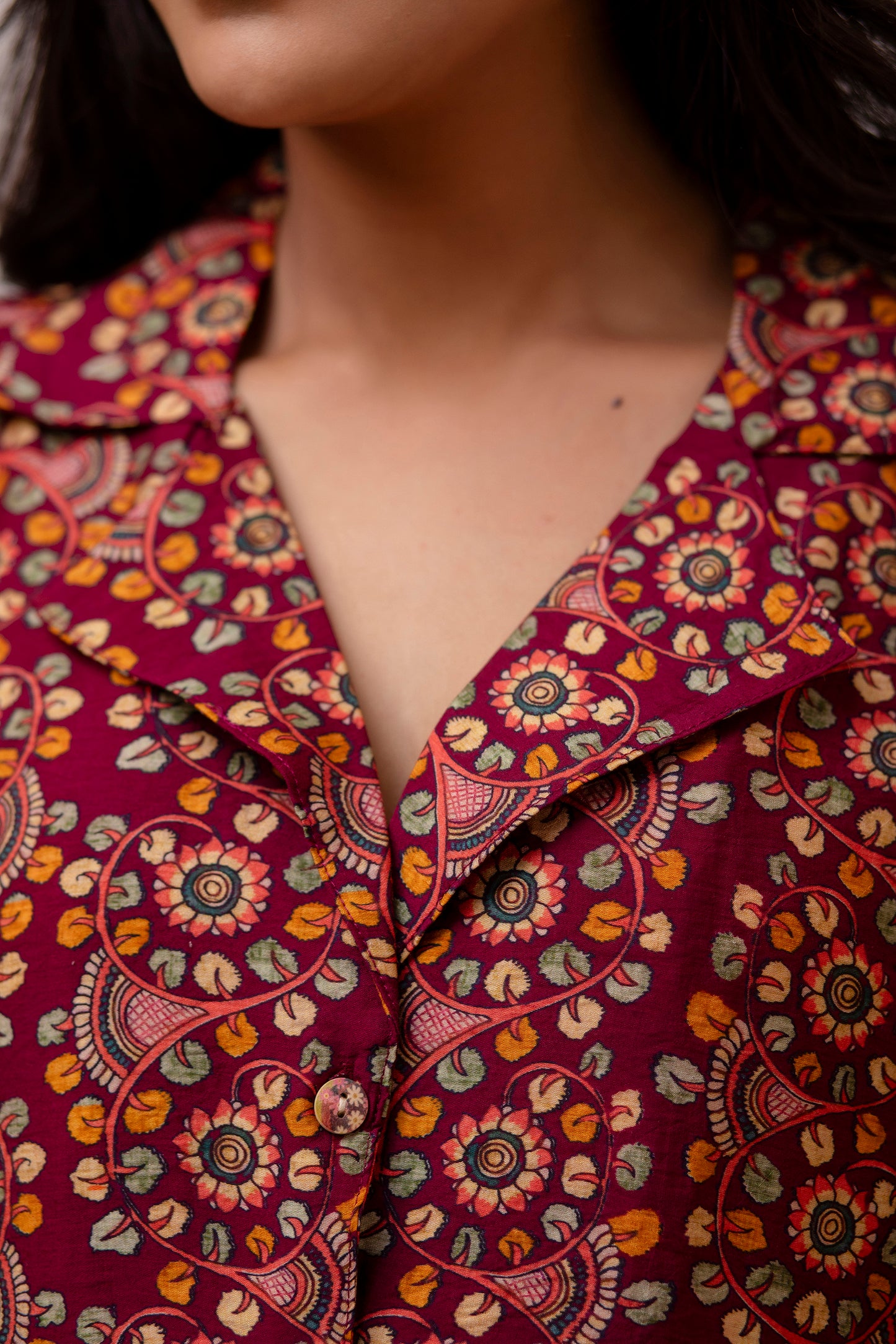 Floral Maroon Muslin Silk Shirt