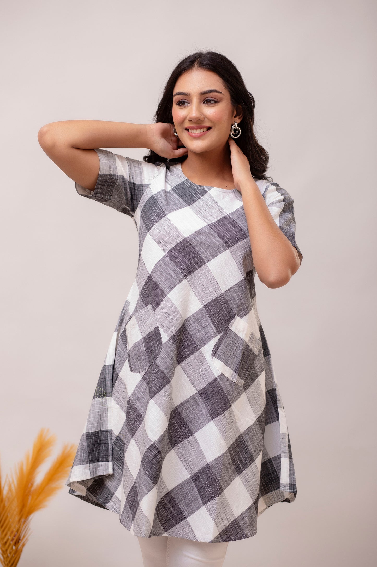 Black & White Handloom Cotton checkered Short Dress