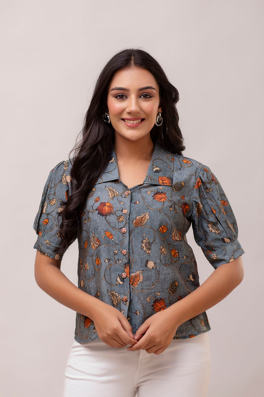 Floral Muslin Silk Grey Shirt