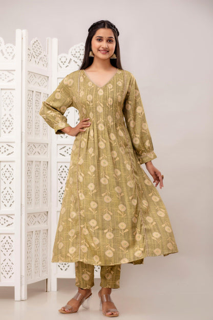 Pintucks Olive Green Kurta Pant Set