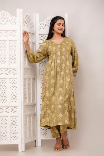 Pintucks Olive Green Kurta Pant Set