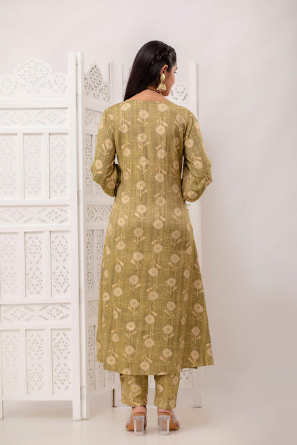 Pintucks Olive Green Kurta Pant Set