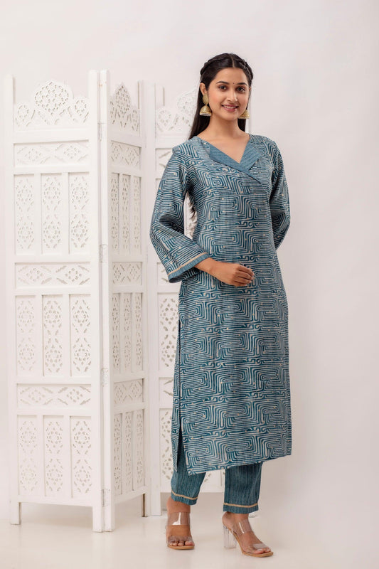 Blue Collar Yoke Foil Print Kurta Pant Set