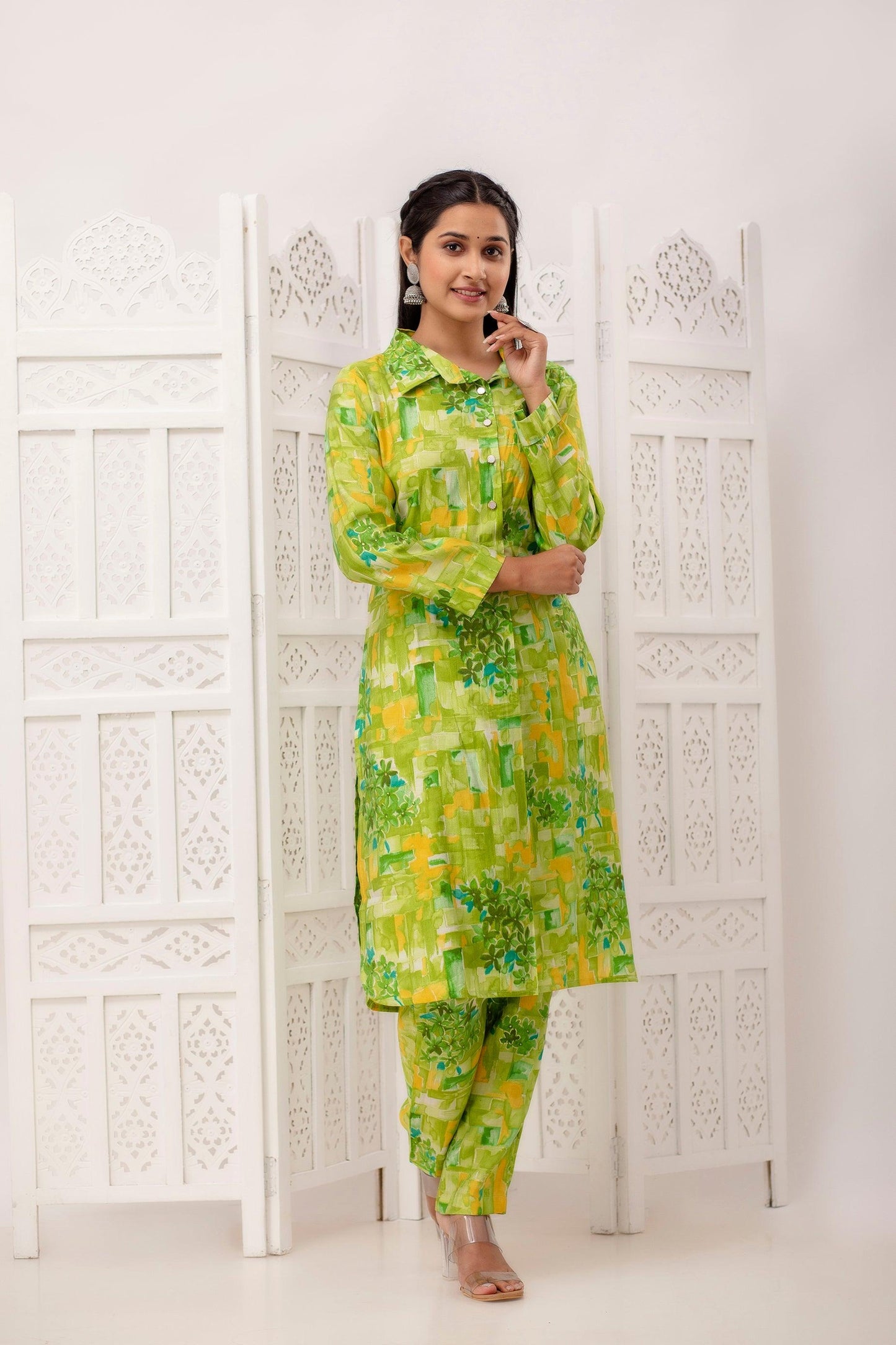 Neon Green and Yellow Kurta Pant Co-Ord Set