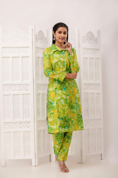 Neon Green and Yellow Kurta Pant Co-Ord Set