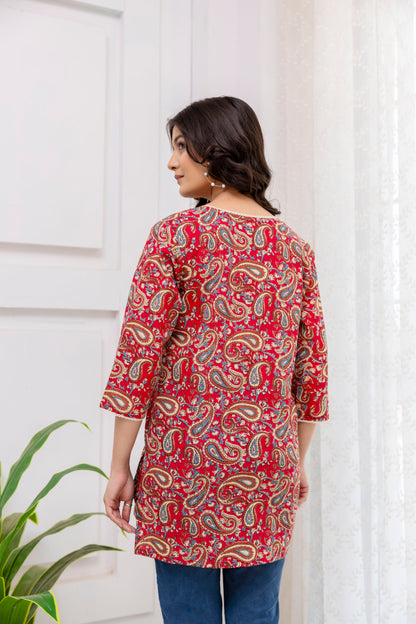 Red Printed Cotton Short Tunic