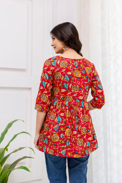 Red Floral Angrakha Peplum Top