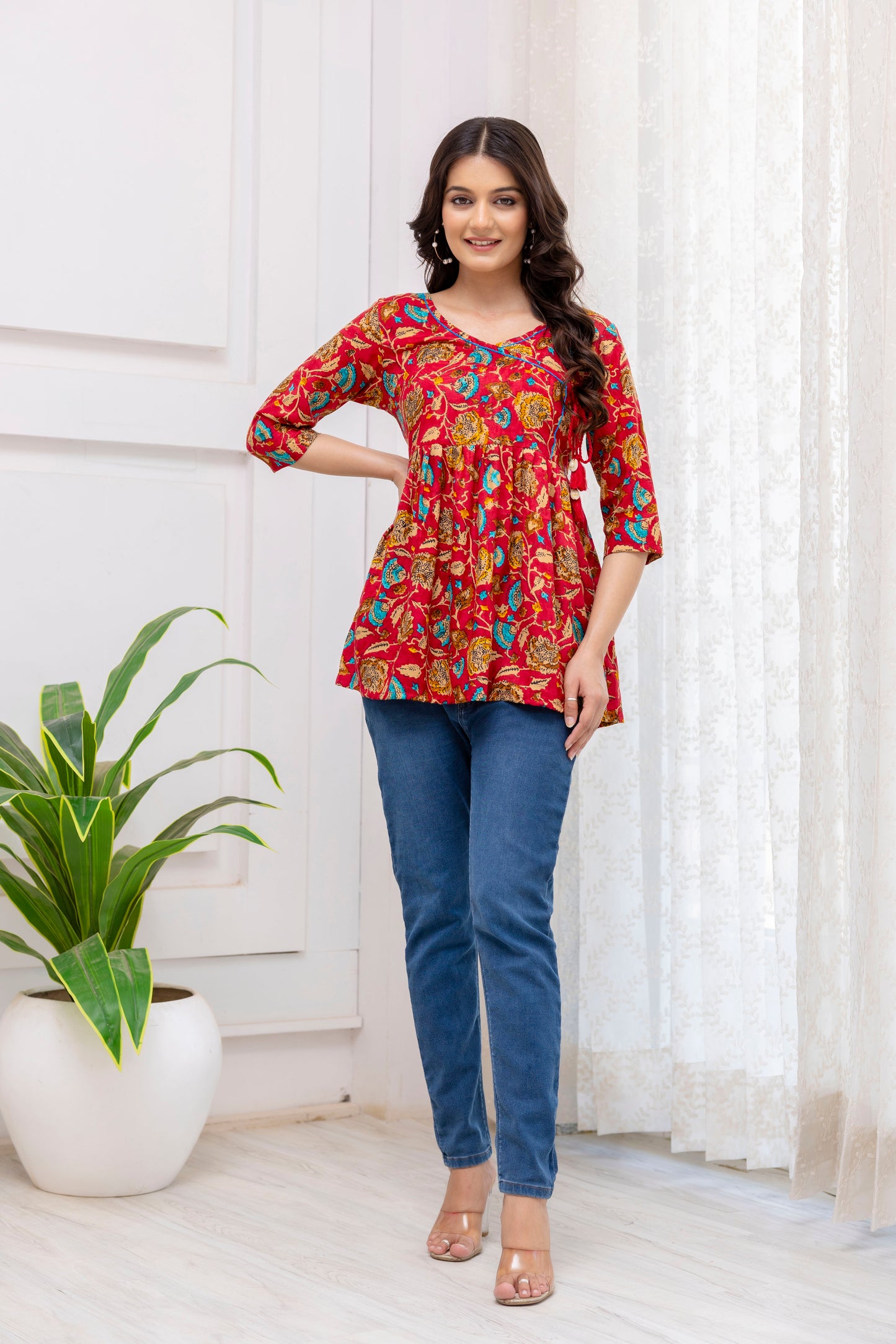 Red Floral Angrakha Peplum Top