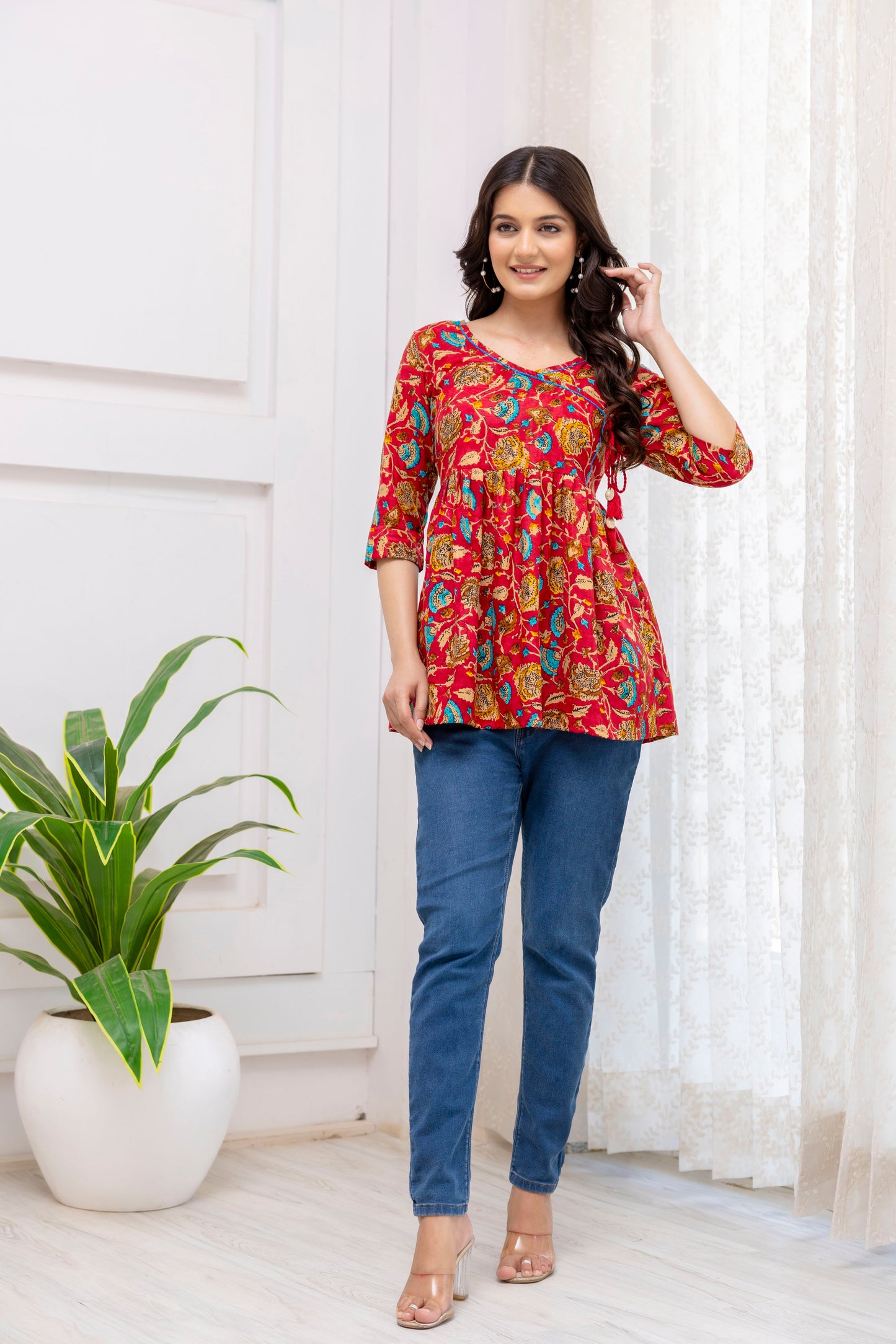 Red Floral Angrakha Peplum Top