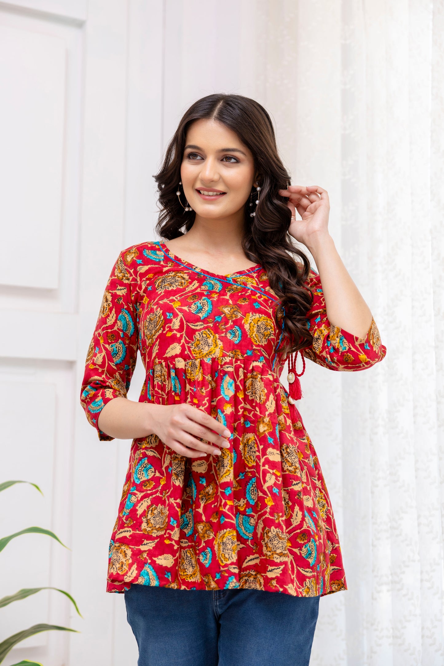 Red Floral Angrakha Peplum Top