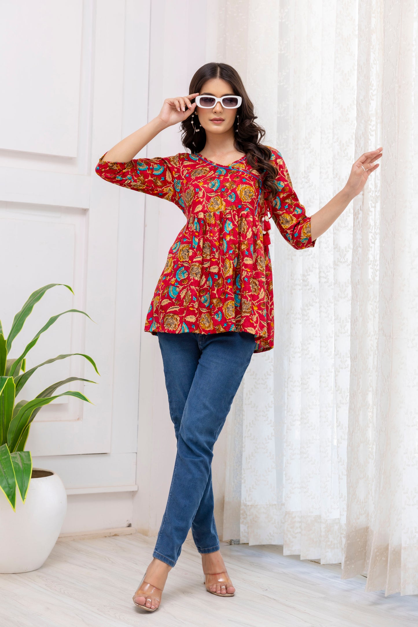 Red Floral Angrakha Peplum Top