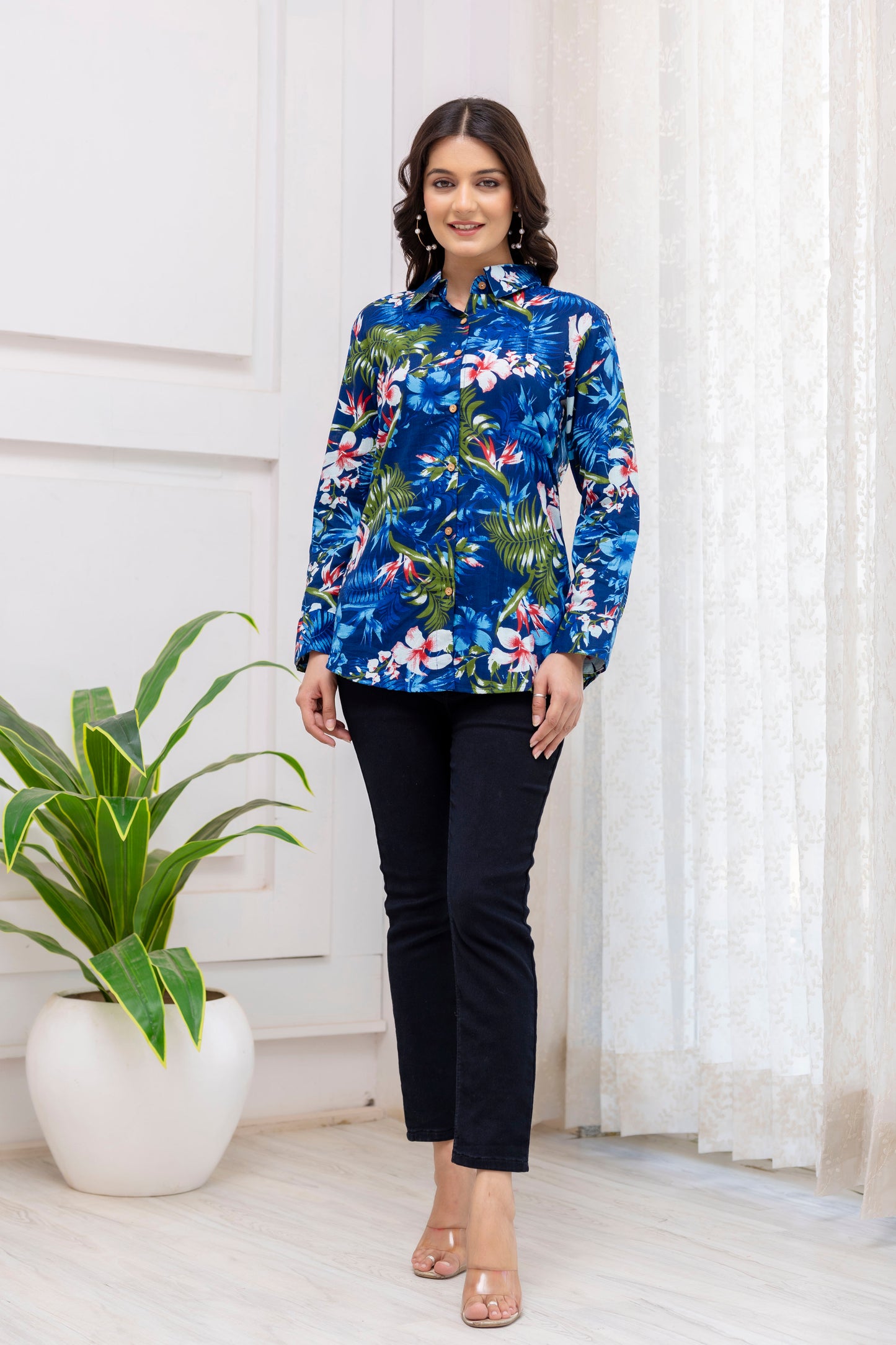 Blue Jungle Print Cotton Shirt