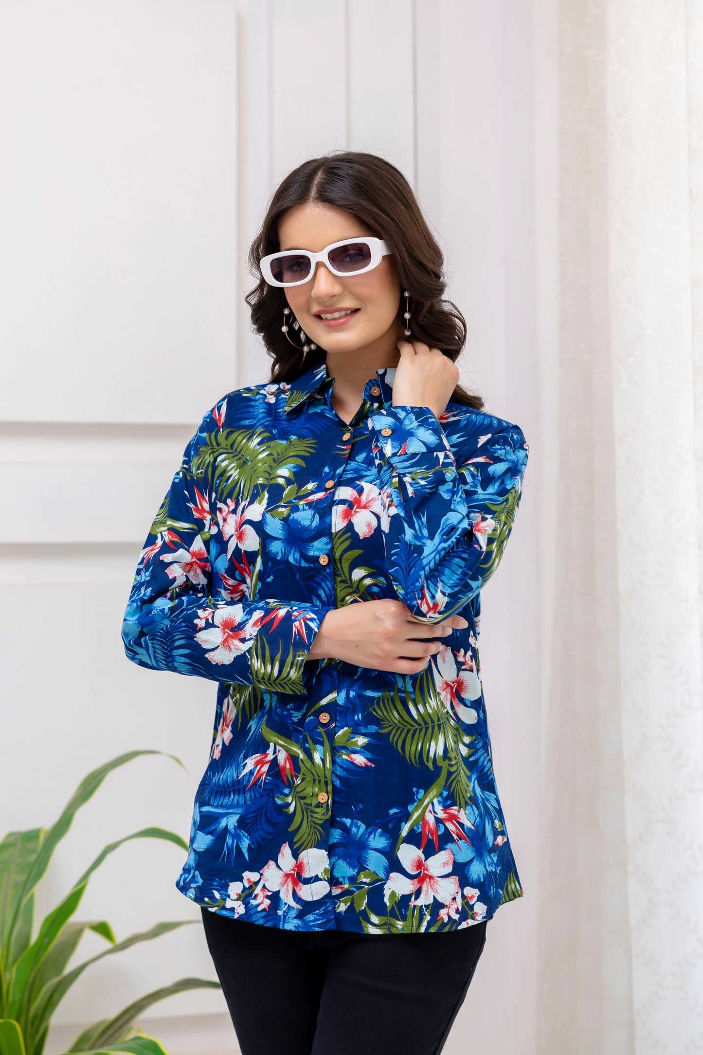 Blue Jungle Print Cotton Shirt