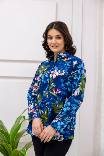 Blue Jungle Print Cotton Shirt