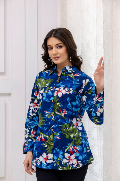 Blue Jungle Print Cotton Shirt