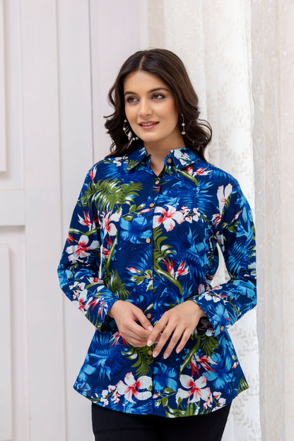 Blue Jungle Print Cotton Shirt