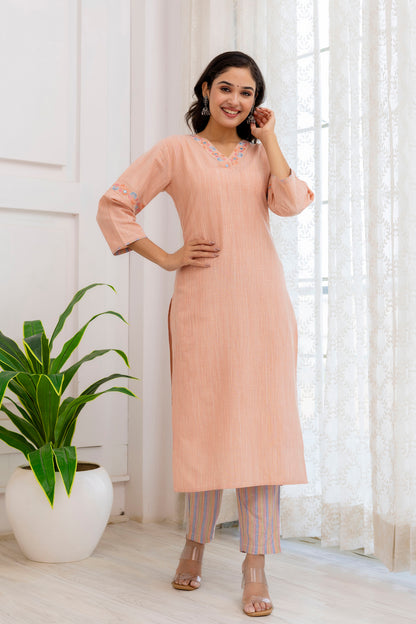 Peach Handloom Cotton Mirror Work Embroidery Kurta Pant Set