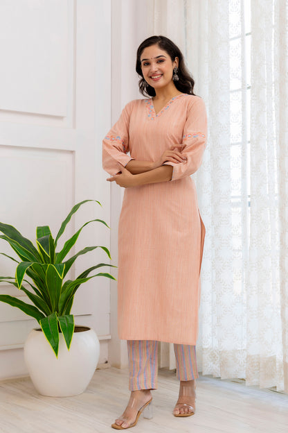 Peach Handloom Cotton Mirror Work Embroidery Kurta Pant Set