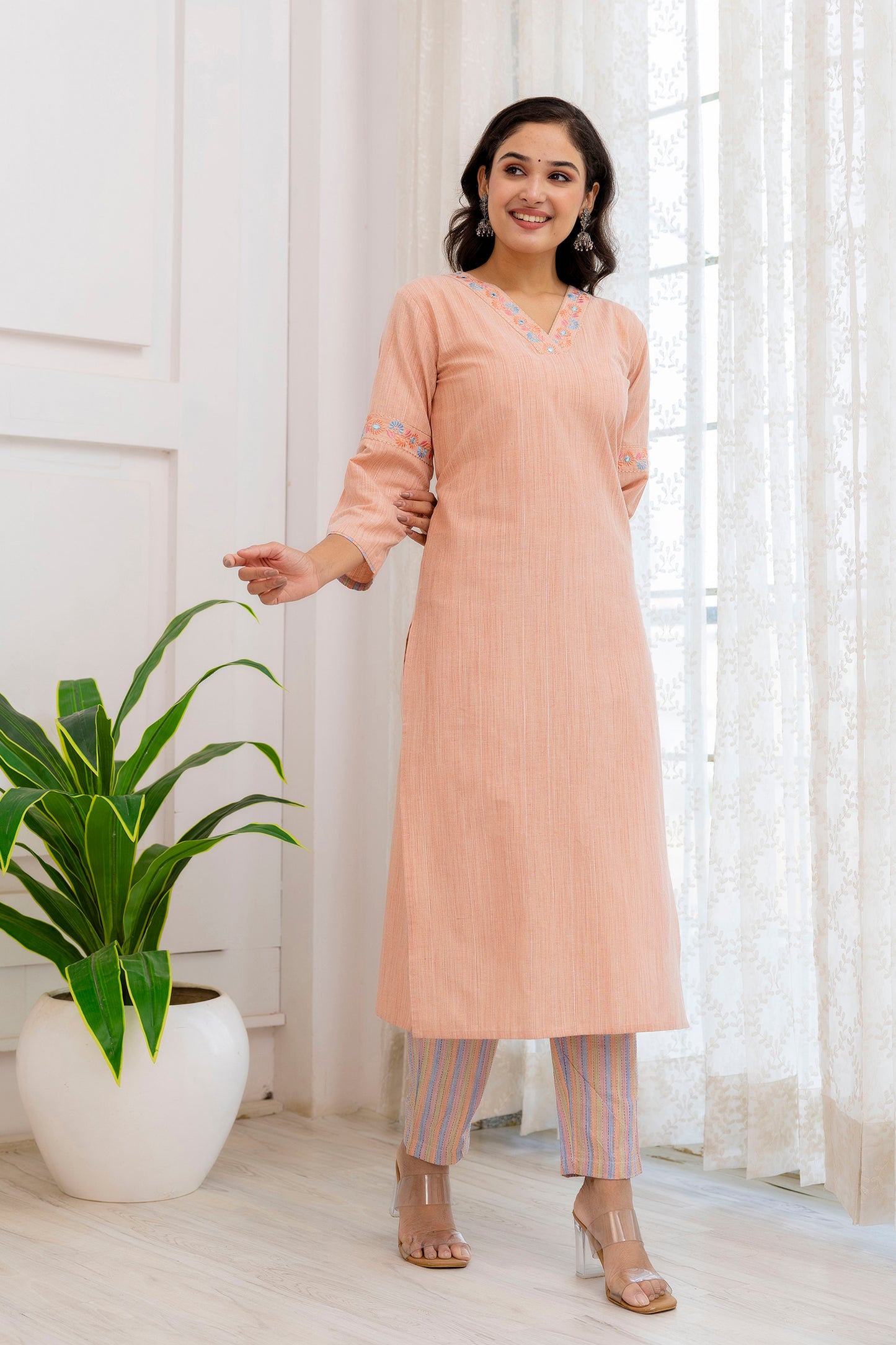 Peach Handloom Cotton Mirror Work Embroidery Kurta Pant Set